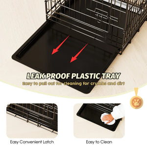 Leak-proof plastic tray for a pet cage with text highlighting features