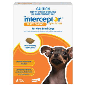 Box of Interceptor Spectrum Tasty Chews for very small dogs on a white background