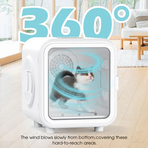 Pet fan with a cat inside, labeled '360°', in a room setting at Pet Servo