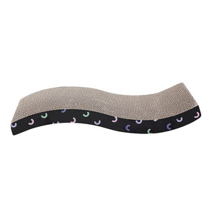 Wavy cat scratcher with colorful crescent moon pattern on a white background at Pet Servo