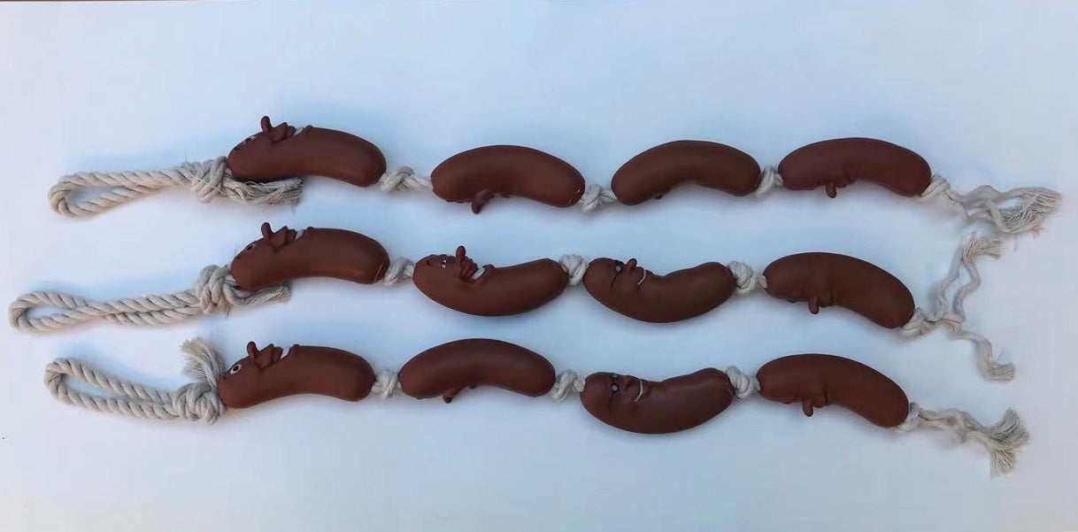 Dog toy with brown hippo-shaped ends on a white rope at Pet Servo