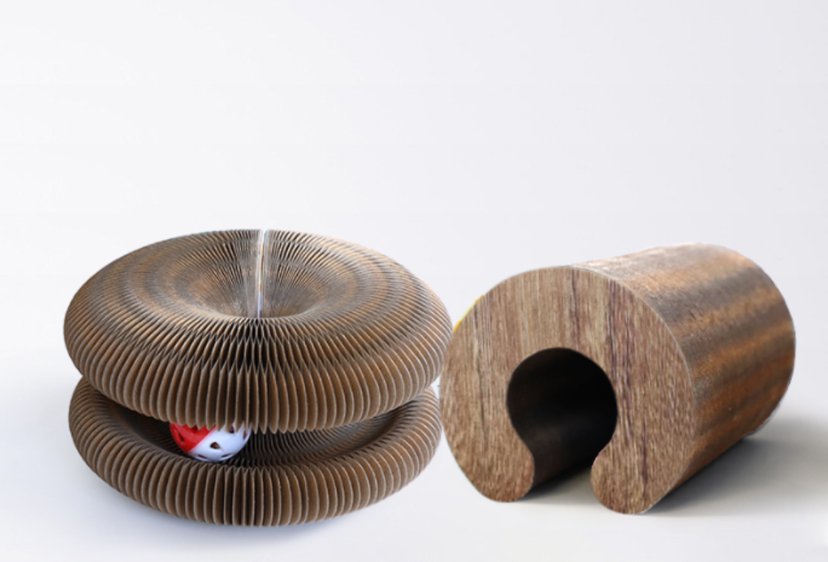 Wooden pet toy with a cylindrical design on a white background at Pet Servo