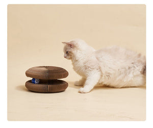 Cat interacting with a wooden cat toy on a beige background at Pet Servo