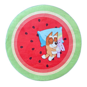 Round pillow with a cartoon dog and rabbit on a watermelon slice design at Pet Servo