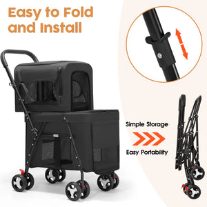Black pet stroller with folding mechanism and text highlighting ease of use on a white background
