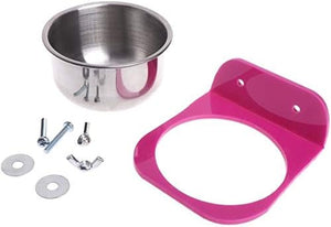 Stainless steel bowl with pink plastic holder and mounting hardware on a white background at Pet Servo