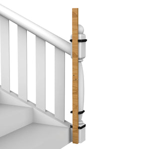 White staircase with wooden baluster and black bracket on a white background