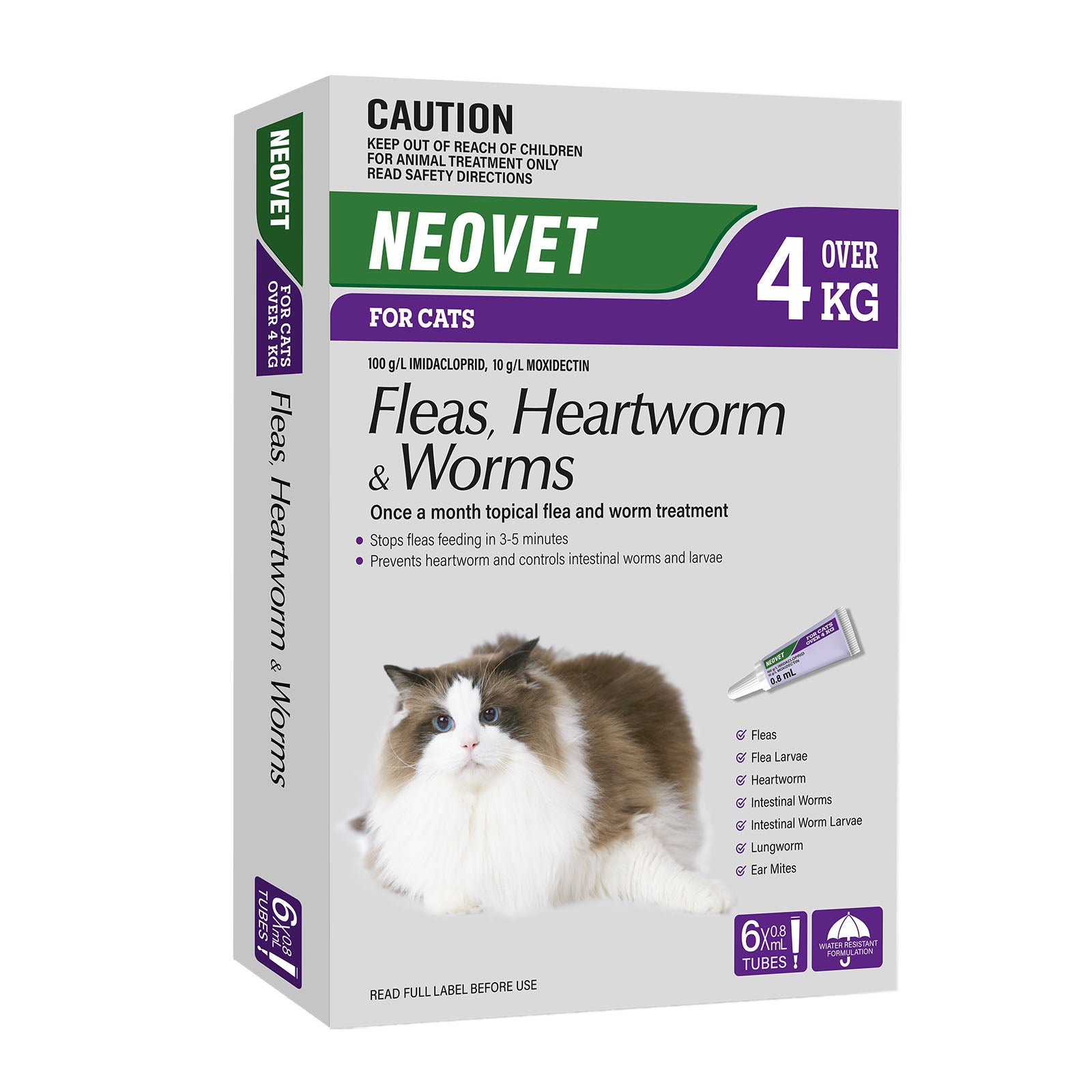 Neovet flea, heartworm, and worm treatment for cats packaging on a white background