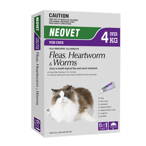 Neovet flea, heartworm, and worm treatment for cats packaging on a white background