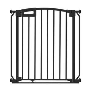 Black metal pet gate on a white background