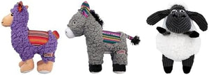 Three plush dog toys shaped like a purple llama, a gray donkey, and a black-and-white sheep, shown side by side on a plain white background at Pet Servo