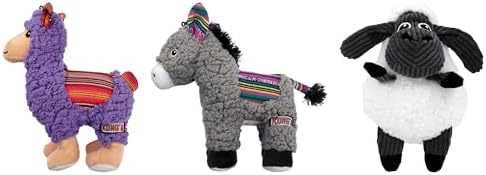 Three plush dog toys shaped like a purple llama, a gray donkey, and a black-and-white sheep, shown side by side on a plain white background at Pet Servo