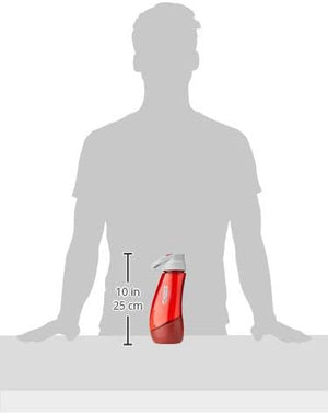 Red water bottle with measurement scale relative to a person's height on a white background at Pet Servo