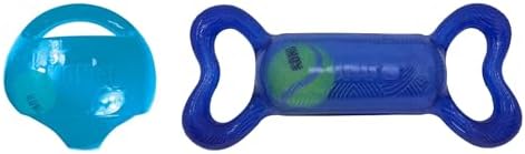 Two dog toys on a plain white background: a bright blue plastic ball on the left and a blue bone-shaped toy with a green tennis ball inside on the right at Pet Servo