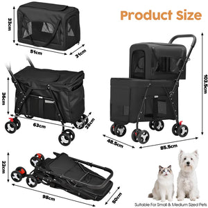 Black pet stroller with dimensions and two dogs sitting next to it.