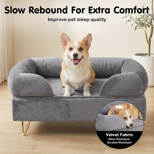 A gray plush pet bed with a corgi sitting on it in a softly lit room. Text at the top reads 'Slow Rebound For Extra Comfort' and the bed is shown with a circular inset showing a dog resting inside and a note about velvet fabric at Pet Servo
