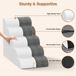 Gray pet stairs with features highlighted on a beige background at Pet Servo