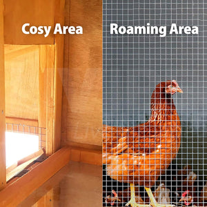 A split comparison showing a brown hen in a wooden coop labeled 'Cosy Area' on the left and the hen standing behind a white grid screen labeled 'Roaming Area' on the right, demonstrating the screen's function at Pet Servo