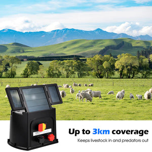 Solar-powered livestock guard with a scenic background of green fields and mountains at Pet Servo