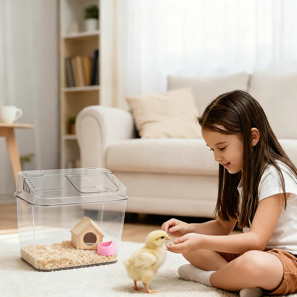 Child playing with a chick near a transparent pet cage in a living room.