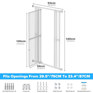 White metal gate barrier with dimension labels showing 93cm top, 180cm height, and 58cm width, plus a blue text band stating it fits openings from 29.5"/75cm to 33 at PET SERVO