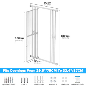 Metallic gate with dimensions and fitting information on a white background