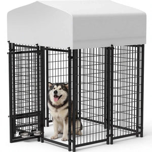 Dog standing inside a large black metal dog crate with a white cover on a white background at Pet Servo
