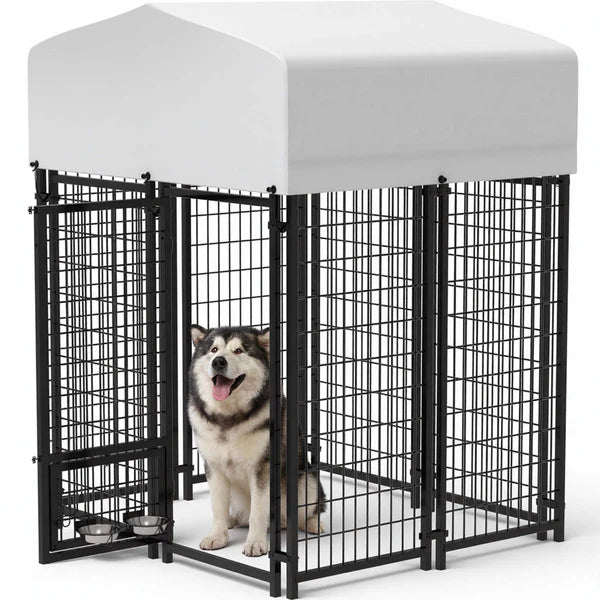 Dog standing inside a large black metal dog crate with a white cover on a white background at Pet Servo