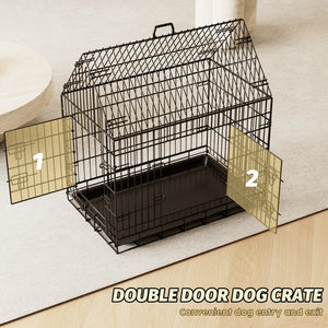 Double door dog crate with labeled doors on a neutral background
