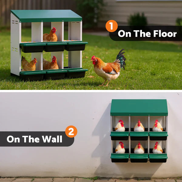 Chicken feeder on the floor and wall with chickens around, on a grassy and white background.