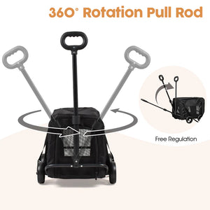 Black pet stroller with 360-degree rotation pull rod on a white background