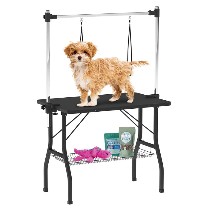 Pet grooming table with a small dog on top, on a white background at Pet Servo