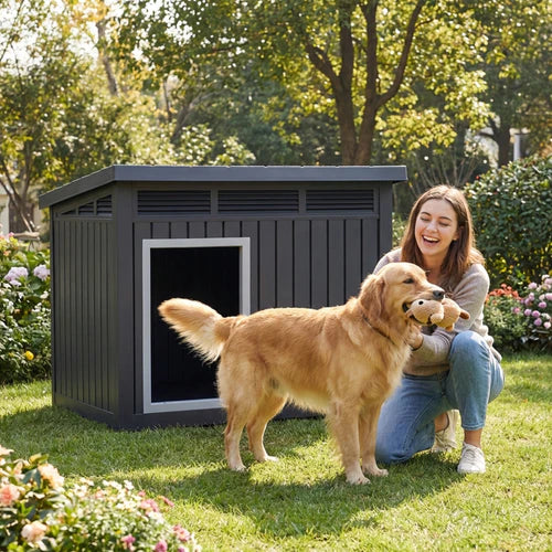 Woman with a golden retriever in front of a black doghouse in a garden at Pet Servo