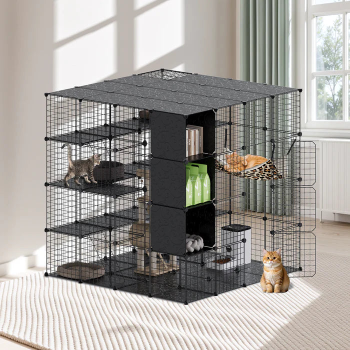 Pet playpen with multiple levels and shelves in a room at Pet Servo