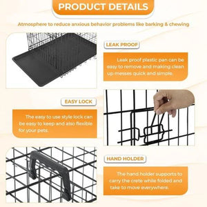 Pet crate with features highlighted on a beige background