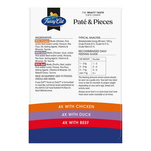 Fussy Cat páté & pieces packaging with ingredients and analysis details.