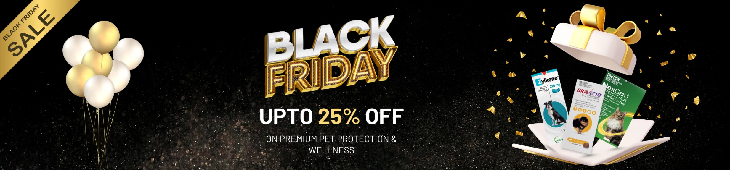 Black Friday sale banner with pet products and promotional text on a dark background.