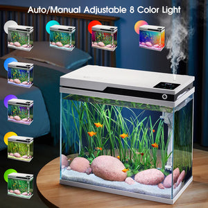 Fish tank with adjustable light feature on a wooden surface