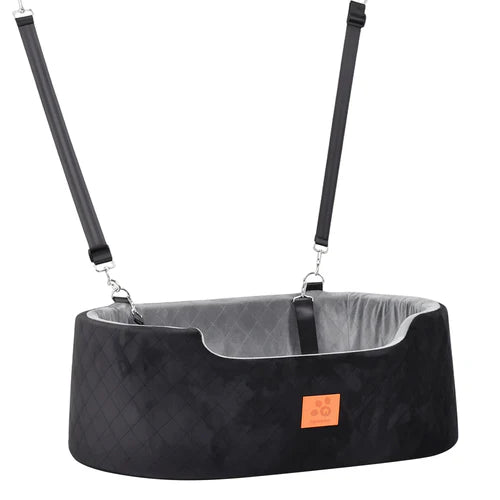 Pet swing with black frame and gray cushion on a white background at Pet Servo
