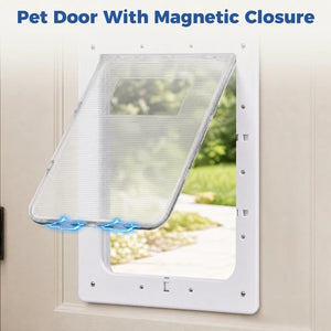 White pet door frame with a clear hinged flap shown partially open, with blue graphic lines indicating magnetic closure. Text at the top reads 'Pet Door With Magnetic Closure at Pet Servo