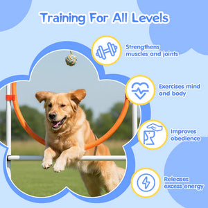 Dog jumping over an obstacle with training benefits text and icons on a blue background at Pet Servo