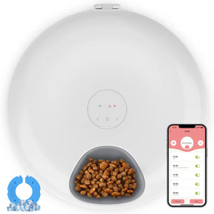White pet feeder with food and smartphone displaying app interface on a white background