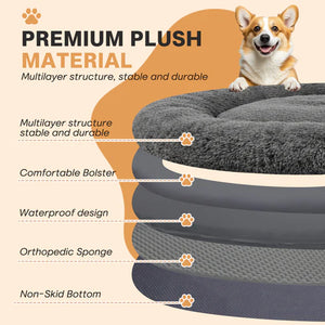 Dog bed with layers labeled and a dog sitting on top, featuring premium plush material at Pet Servo