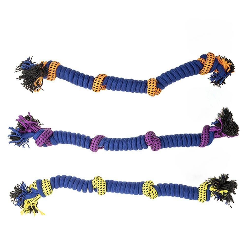 Set of three blue dog toys with colorful ends on a white background at Pet Servo