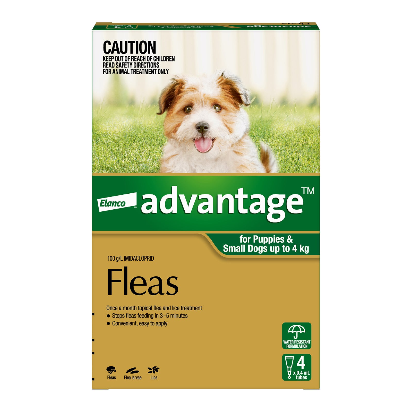 Elanco Advantage flea treatment packaging for puppies and small dogs with a dog on the grass at Pet Servo