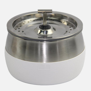 Stainless steel and white ceramic container with a lid on a white background at Pet Servo