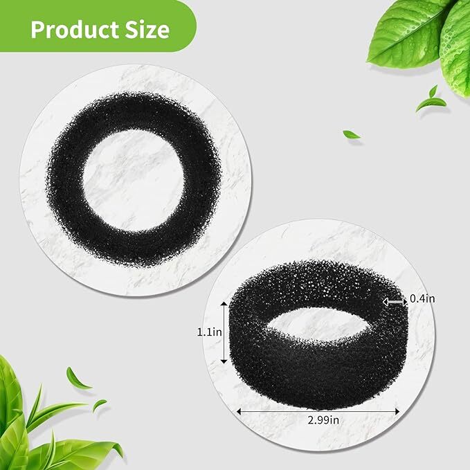 Two circular filters with black and white centers on a light gray background with green leaves at Pet Servo