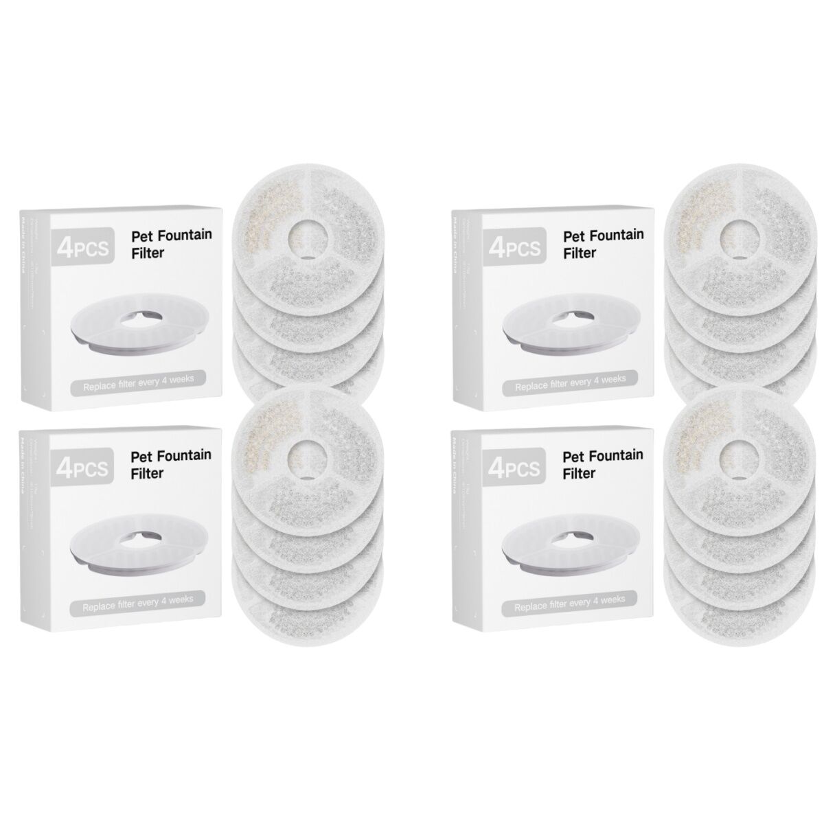Multiple pet fountain filters with packaging on a white background at Pet Servo