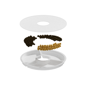 A 3D exploded view diagram of a circular compartmentalized container or tray, showing a white outer ring, a white segmented base, and two rows of small beads or pellets in dark brown and tan, isolated on a solid white background at Pet Servo