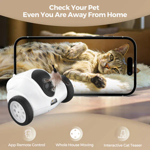 Pet monitoring device with smartphone app showing a cat being interacted with remotely at Pet Servo